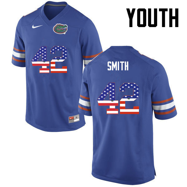 Youth Florida Gators #42 Jordan Smith College Football USA Flag Fashion Jerseys-Blue